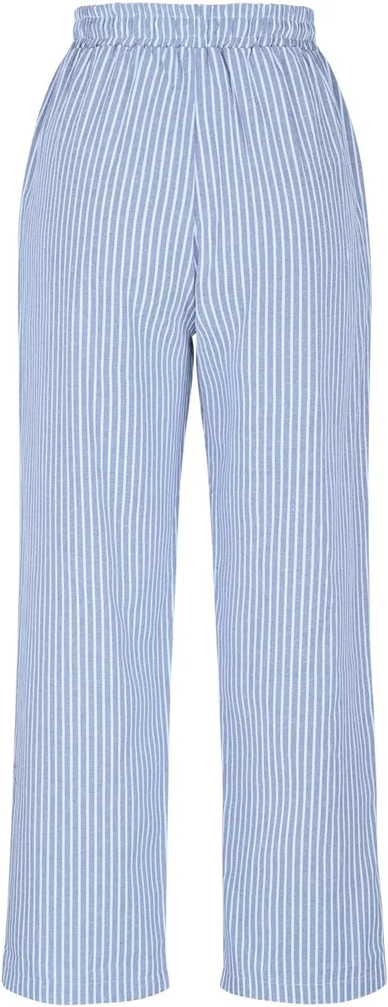 Women's Summer Striped Casual Pants High Waisted Cotton Linen Pants Drawstring Side Pockets Elastic Waist Trousers