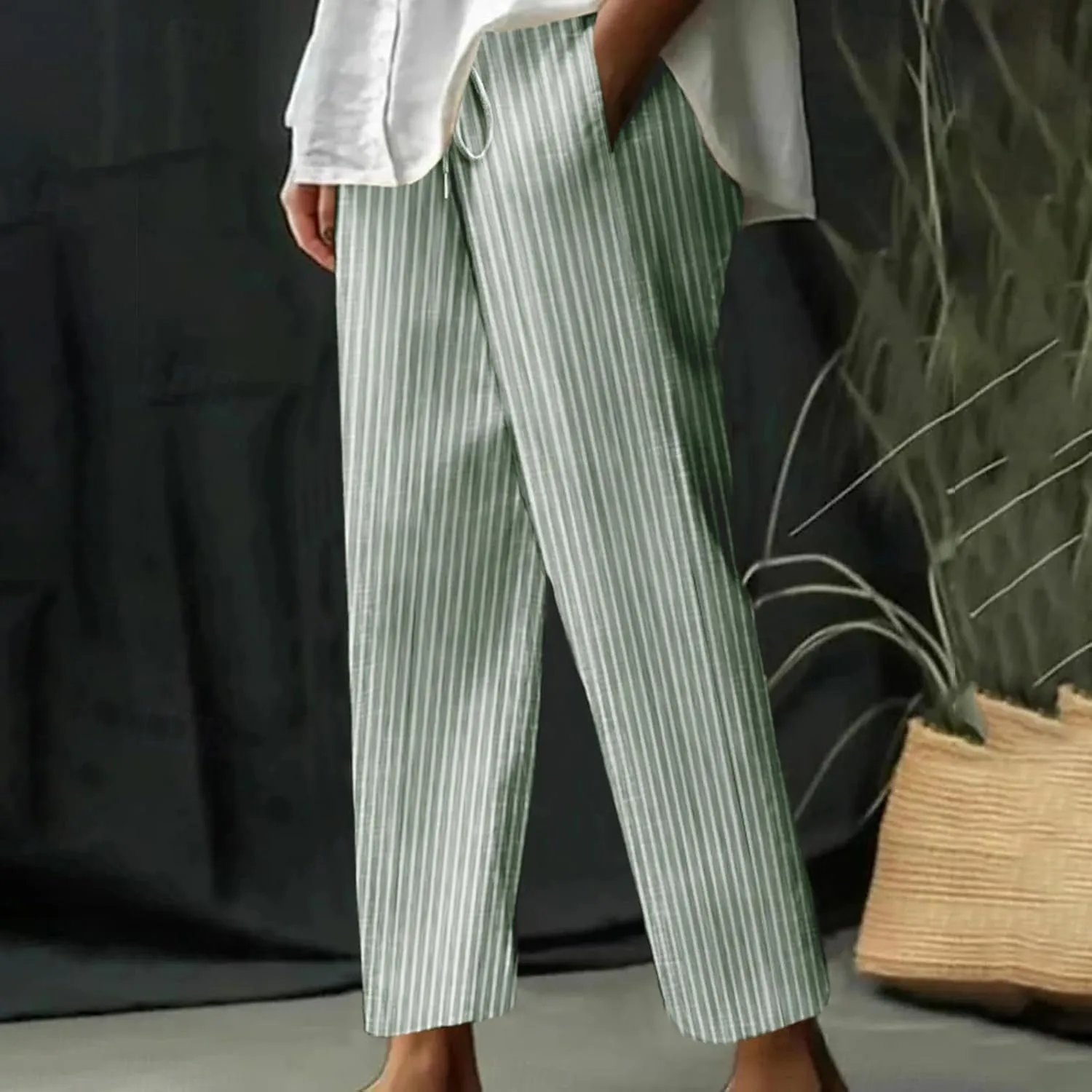 Women's Summer Striped Casual Pants High Waisted Cotton Linen Pants Drawstring Side Pockets Elastic Waist Trousers