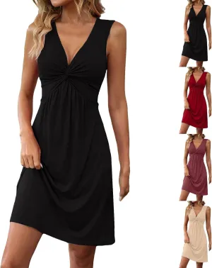 Women's Twist Front V Neck Ruffle Casual Summer Dress Sexy Elegant Sleeveless Club Party Tunic Bodycon Mini Dresses