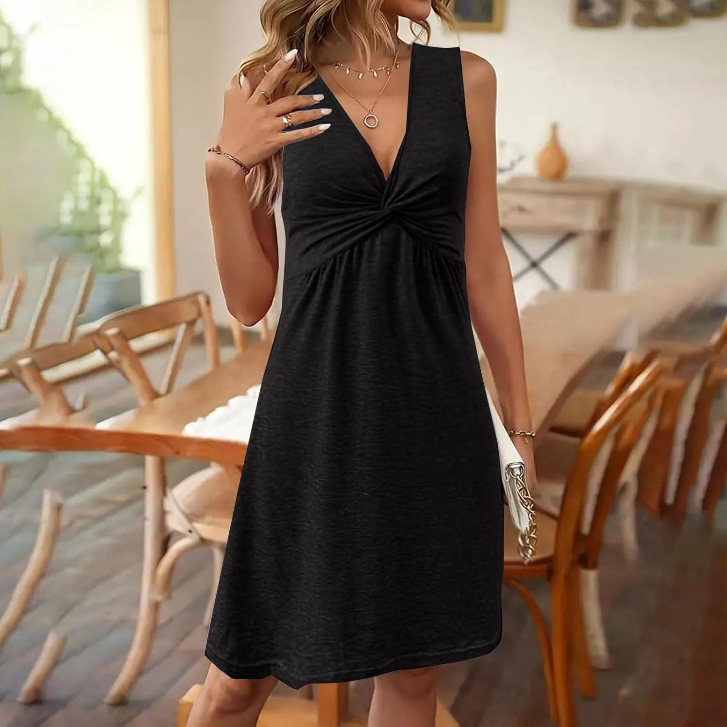 Women's Twist Front V Neck Ruffle Casual Summer Dress Sexy Elegant Sleeveless Club Party Tunic Bodycon Mini Dresses