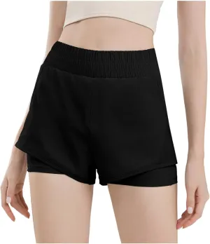Women's Two Fake Shorts Summer High Waisted Worktout Quick Dry Short Pants Solid Color Athletic Gym Running Shorts