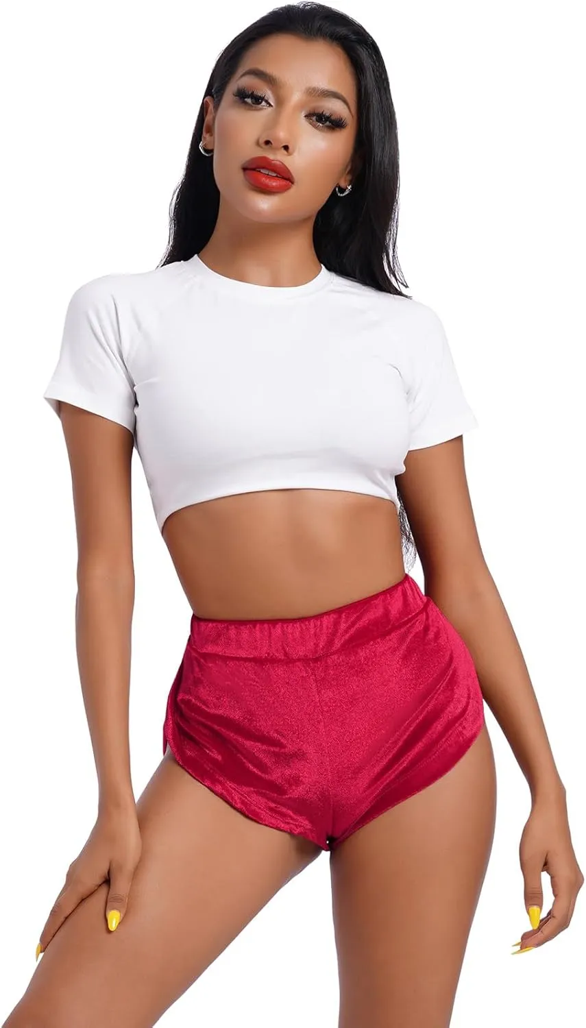 Women's Velvet Booty Yoga Shorts Sexy High Waist Pole Dance Hot Pants Gym Workout Active Slim Fit Rave Shorts Bottoms
