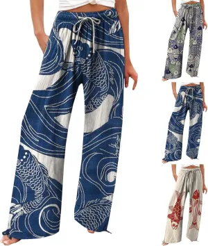 Women's Vintage Art Print Cotton and Linen Casual Pants Casual Wide Leg Trousers Womens Maternity