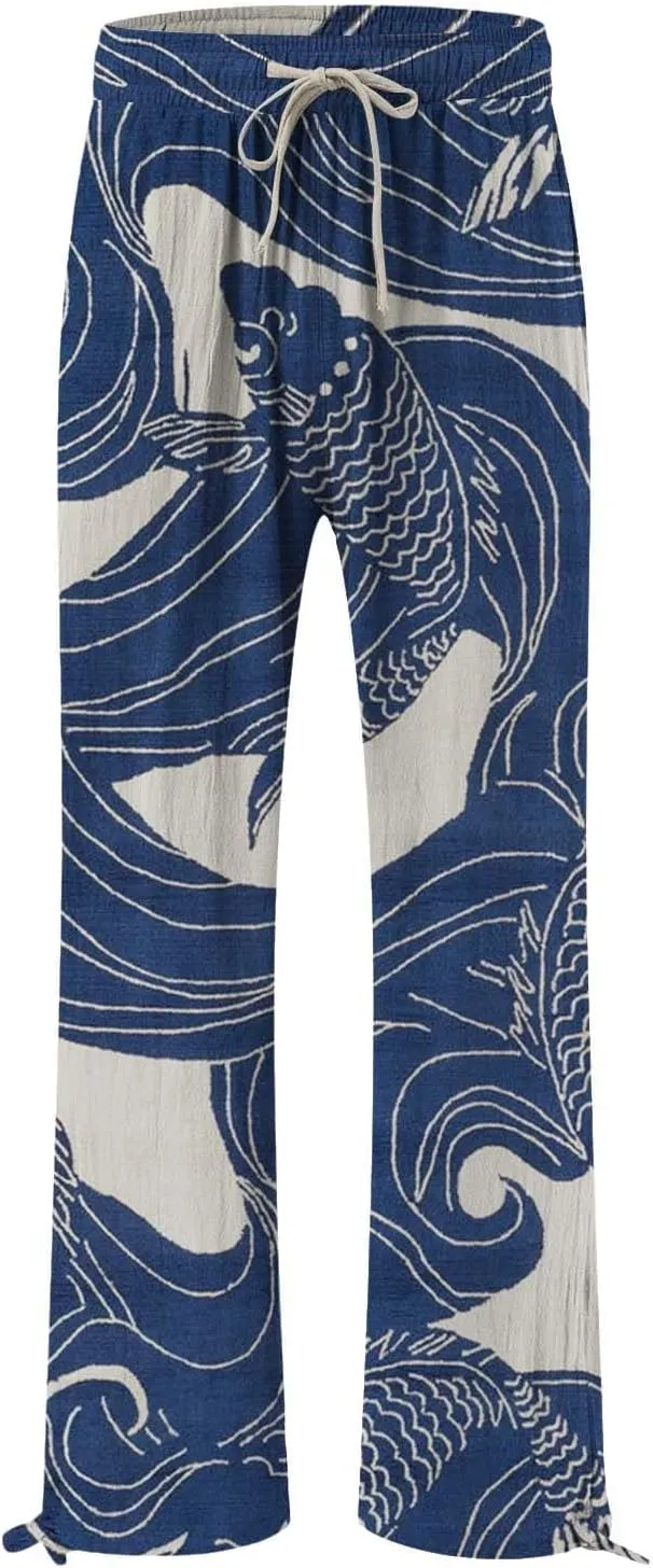 Women's Vintage Art Print Cotton and Linen Casual Pants Casual Wide Leg Trousers Womens Maternity