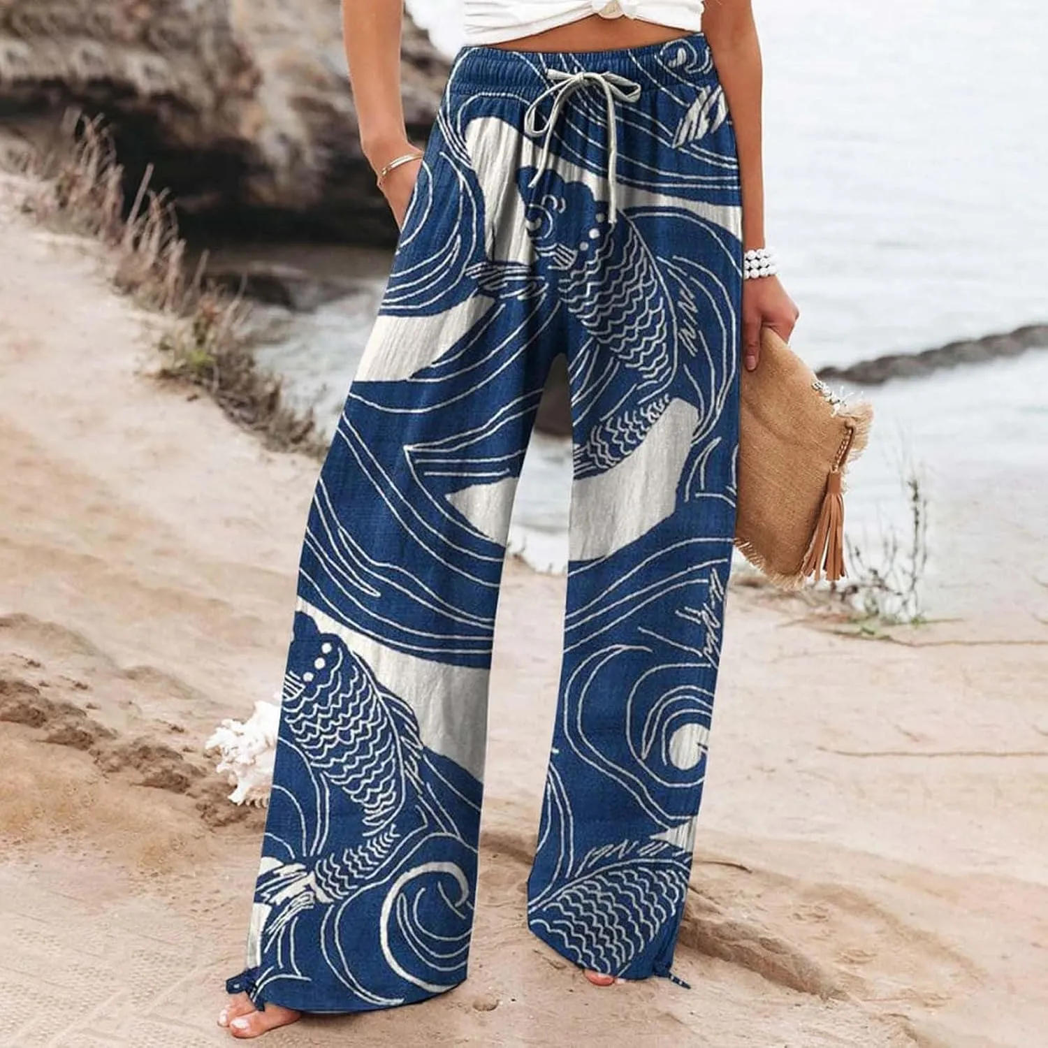 Women's Vintage Art Print Cotton and Linen Casual Pants Casual Wide Leg Trousers Womens Maternity