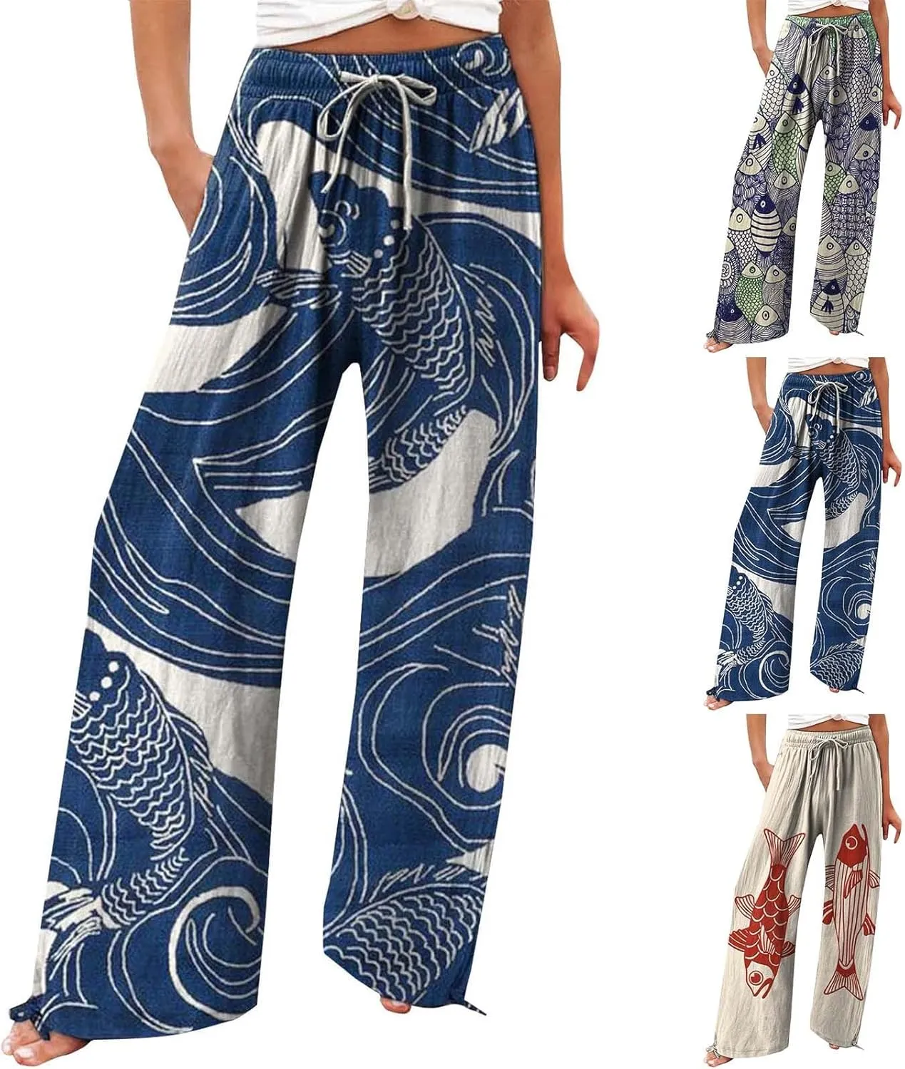 Women's Vintage Art Print Cotton and Linen Casual Pants Casual Wide Leg Trousers Womens Maternity