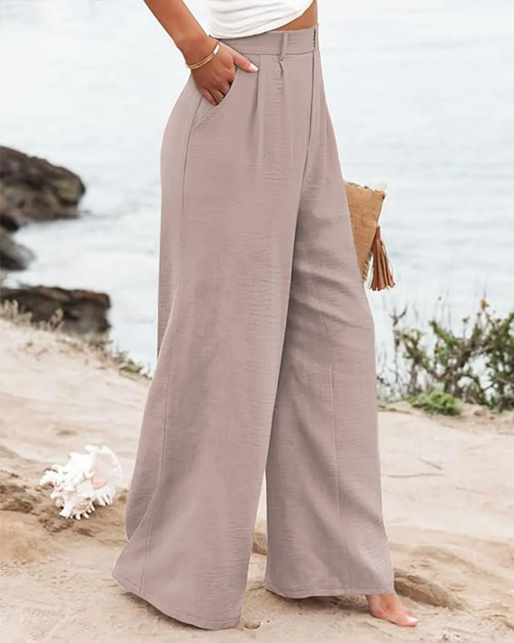 Women's Wide Leg Casual Long Pants High Elastic Waisted in The Back Business Offices Trousers Straight Pants with Pocket
