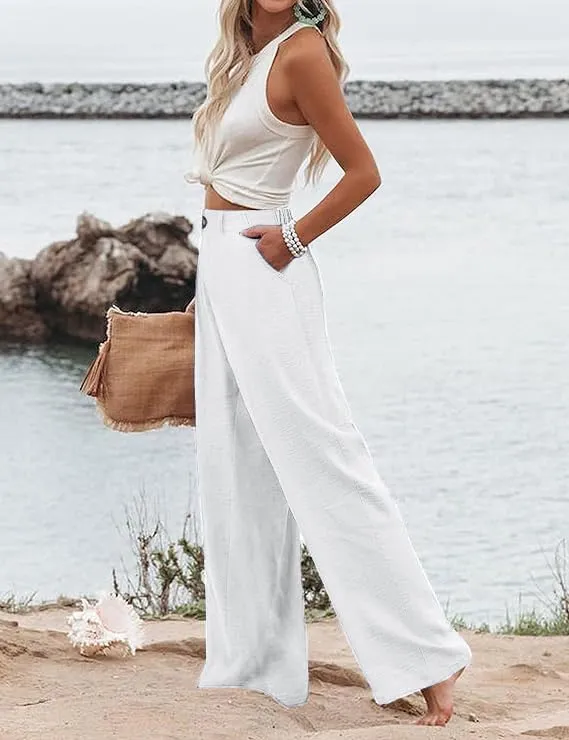 Women's Wide Leg Casual Long Pants High Elastic Waisted in The Back Business Offices Trousers Straight Pants with Pocket