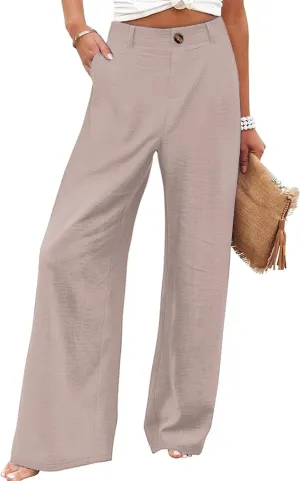 Women's Wide Leg Casual Long Pants High Elastic Waisted in The Back Business Offices Trousers Straight Pants with Pocket