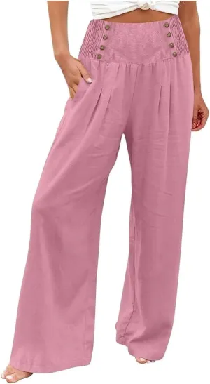 Women's Wide-Leg Cotton and Linen Loose Trousers Summer Boho Palazzo Pants Daily Casual Lounge Beach Travel Pant