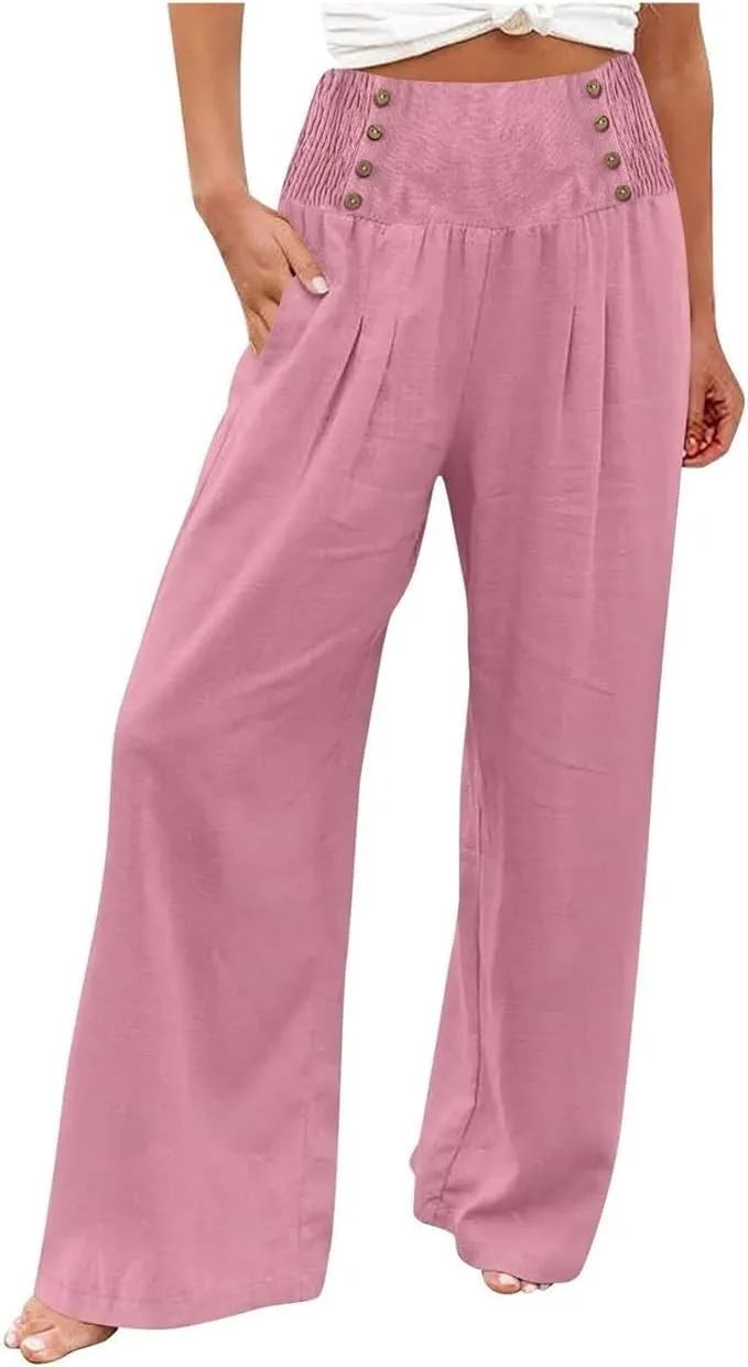 Women's Wide-Leg Cotton and Linen Loose Trousers Summer Boho Palazzo Pants Daily Casual Lounge Beach Travel Pant