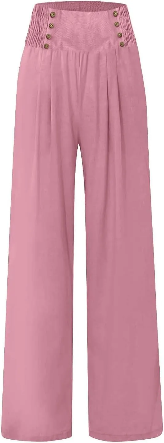 Women's Wide-Leg Cotton and Linen Loose Trousers Summer Boho Palazzo Pants Daily Casual Lounge Beach Travel Pant