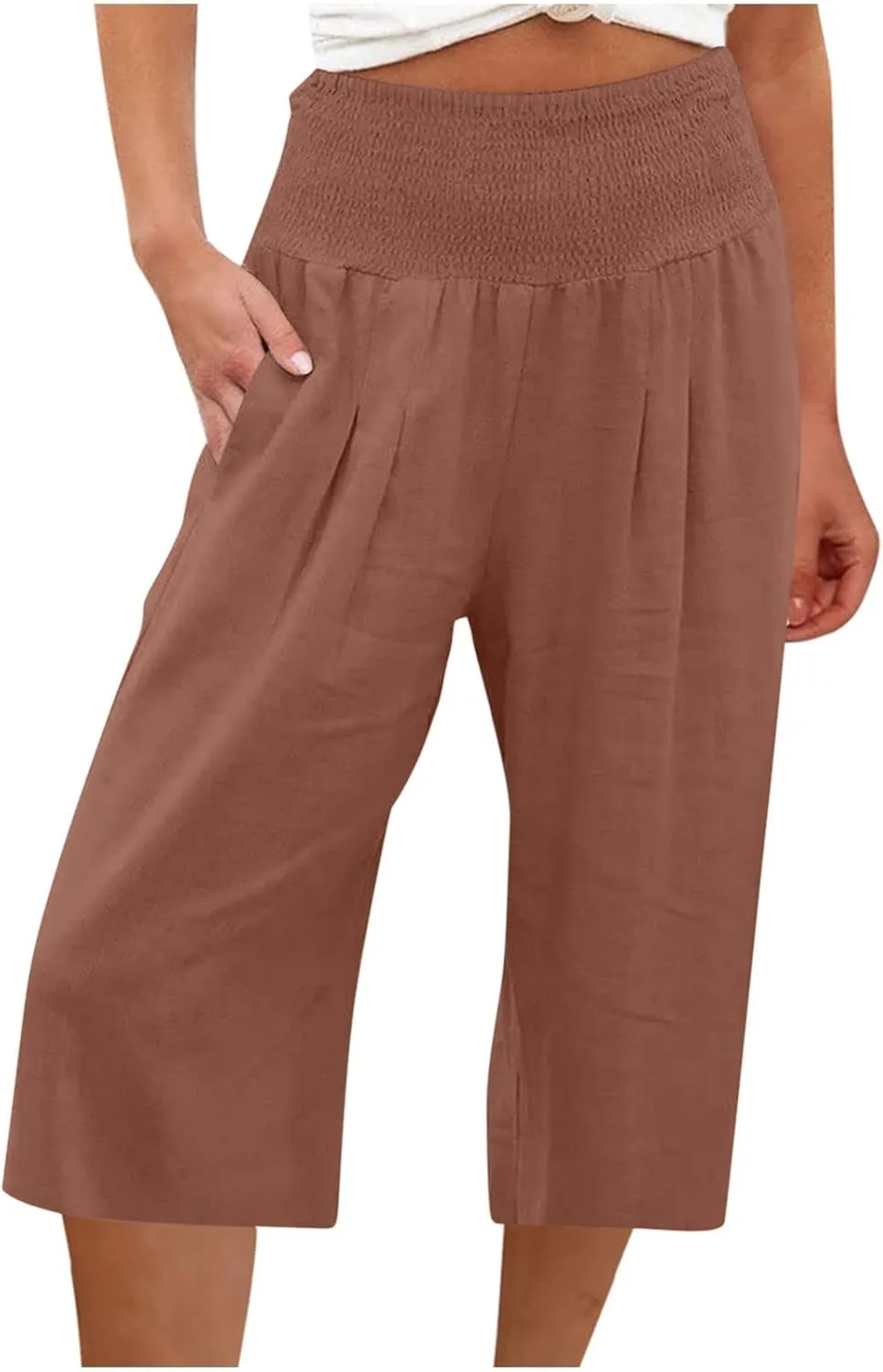 Womens Wide Leg Cropped Pants Loose Fit Smocked Elastic Waist Beach Palazzo Pant Comfy Flowy Solid Summer Trousers
