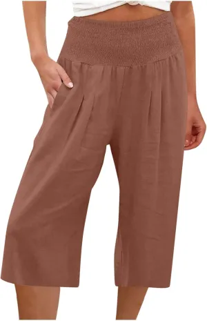 Womens Wide Leg Cropped Pants Loose Fit Smocked Elastic Waist Beach Palazzo Pant Comfy Flowy Solid Summer Trousers