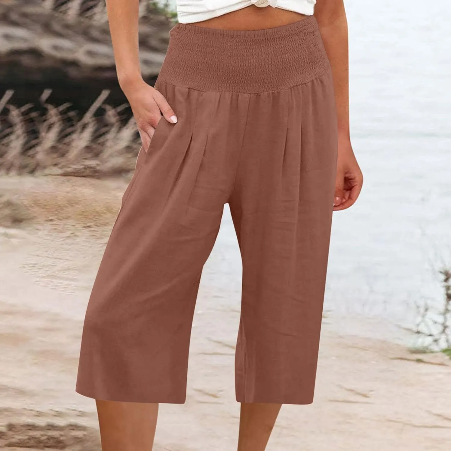 Womens Wide Leg Cropped Pants Loose Fit Smocked Elastic Waist Beach Palazzo Pant Comfy Flowy Solid Summer Trousers