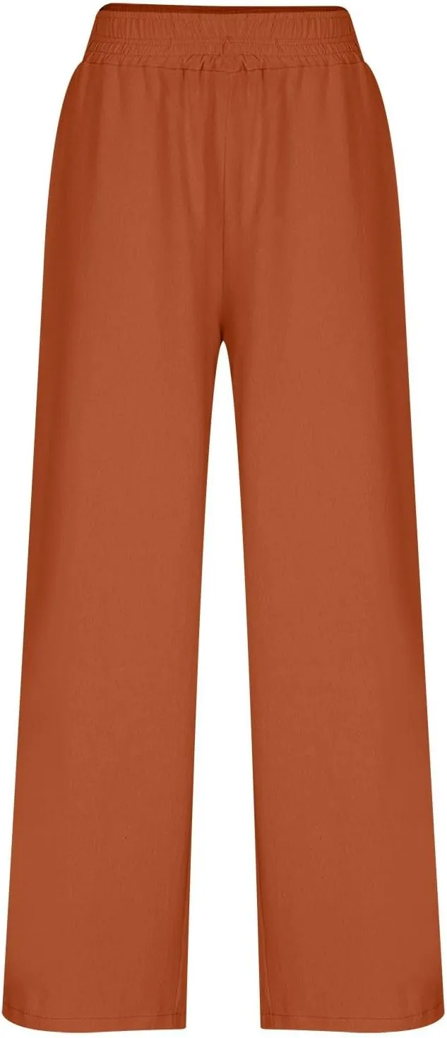 Womens Wide Leg Linen Pants Palazzo Pants with Pockets Smocked Elastic Waist Casual Trousers Summer Bottoms