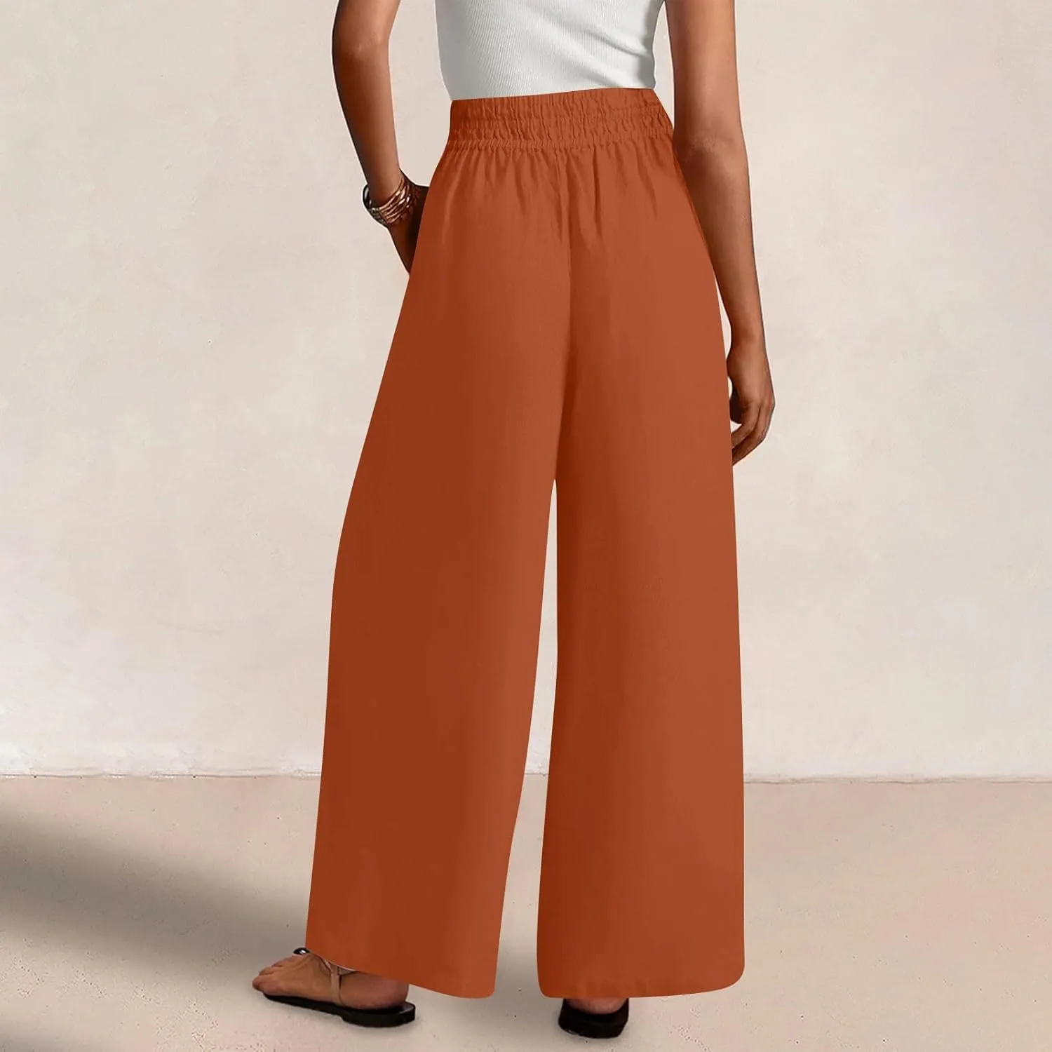 Womens Wide Leg Linen Pants Palazzo Pants with Pockets Smocked Elastic Waist Casual Trousers Summer Bottoms