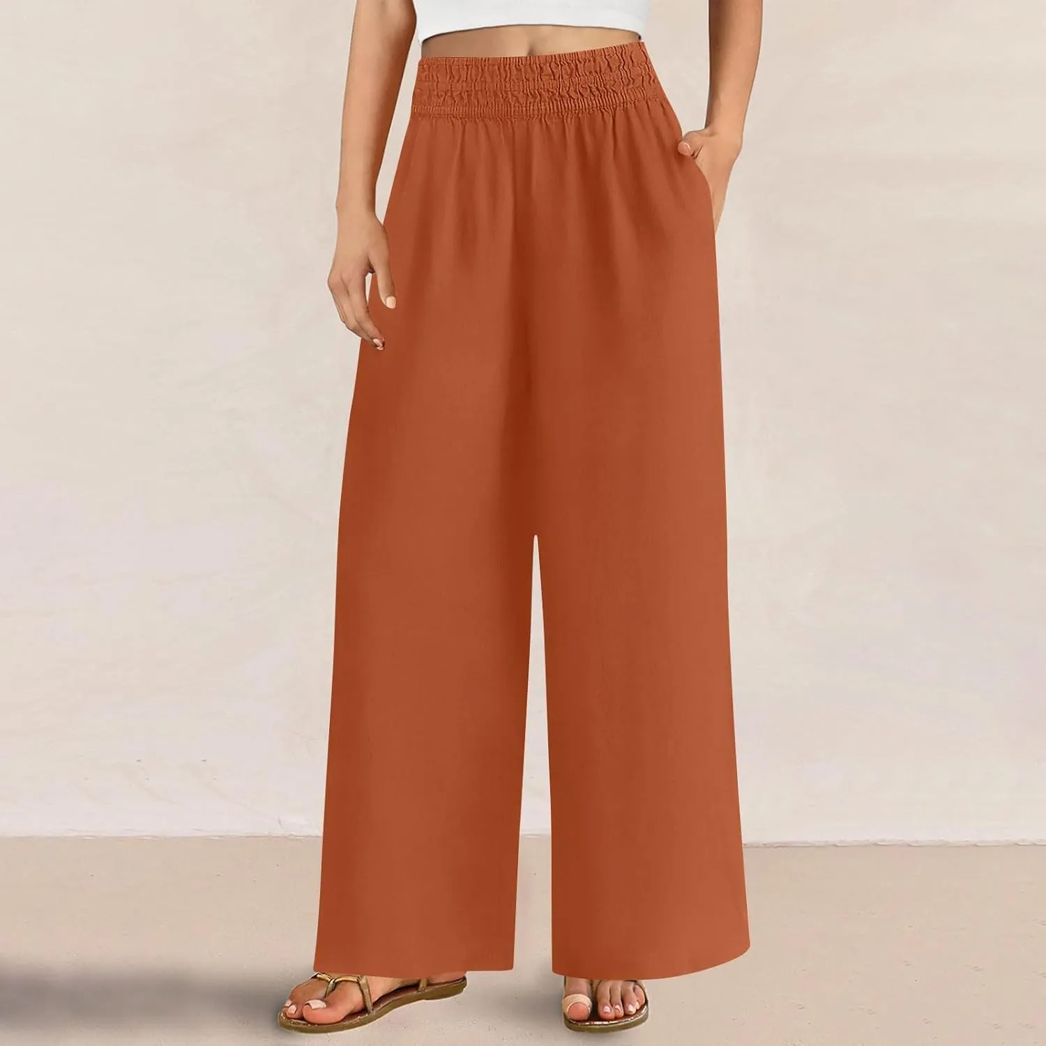 Womens Wide Leg Linen Pants Palazzo Pants with Pockets Smocked Elastic Waist Casual Trousers Summer Bottoms