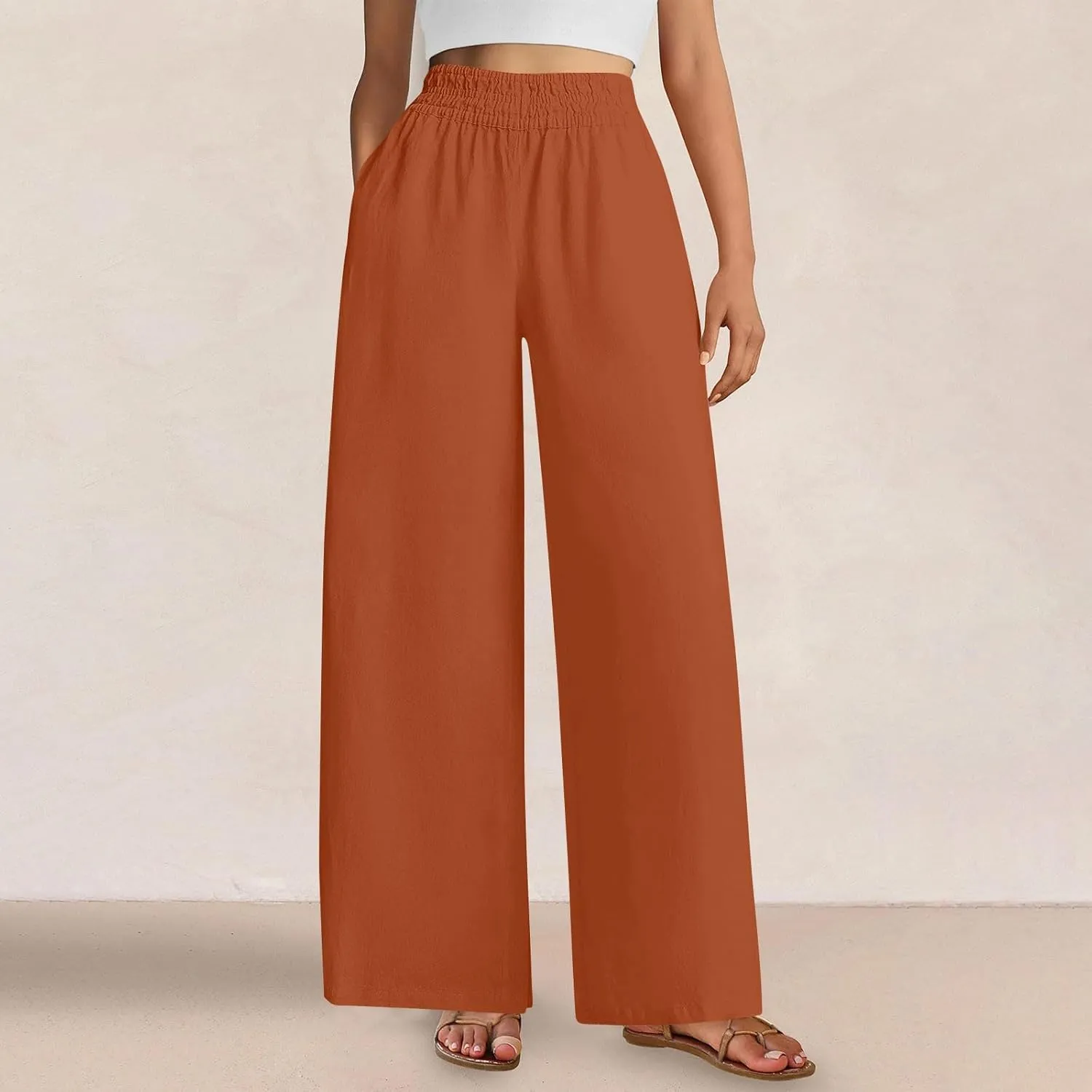 Womens Wide Leg Linen Pants Palazzo Pants with Pockets Smocked Elastic Waist Casual Trousers Summer Bottoms