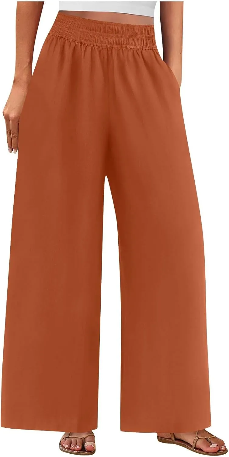 Womens Wide Leg Linen Pants Palazzo Pants with Pockets Smocked Elastic Waist Casual Trousers Summer Bottoms