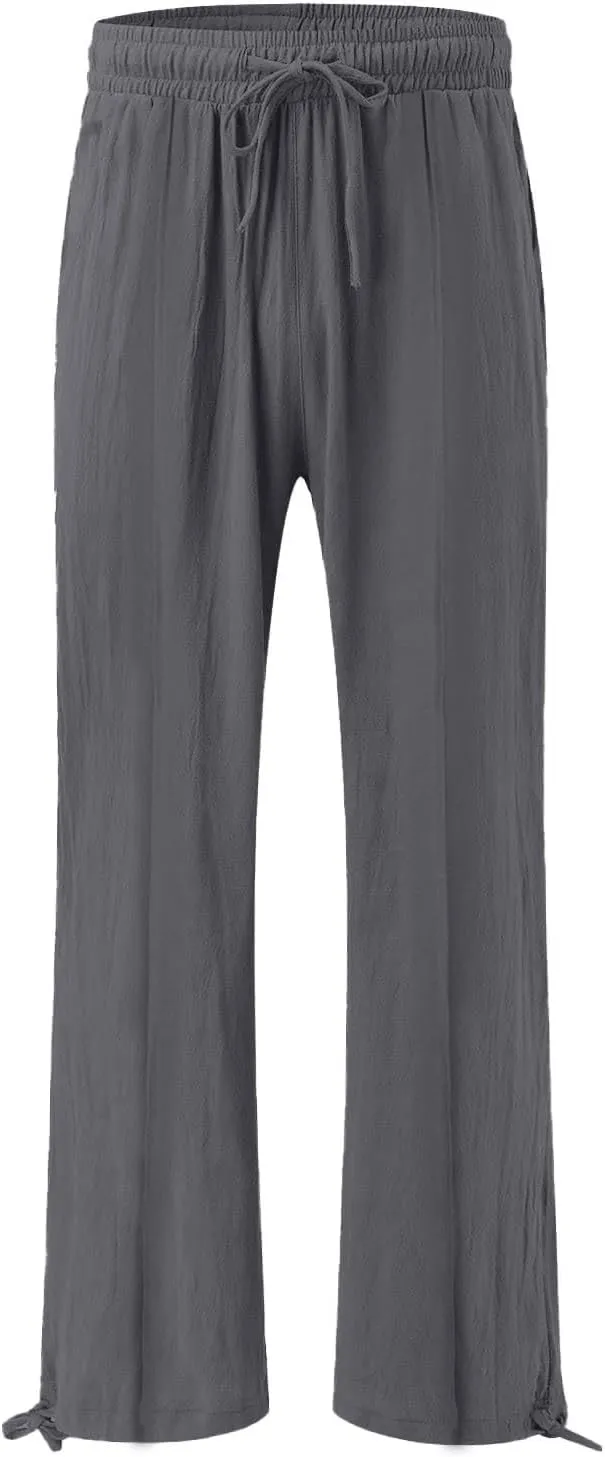 Womens Wide Leg Linen Pants Summer Casual Boho Beach Palazzo Pants Smocked High Waisted Lightweight Flowy Pants