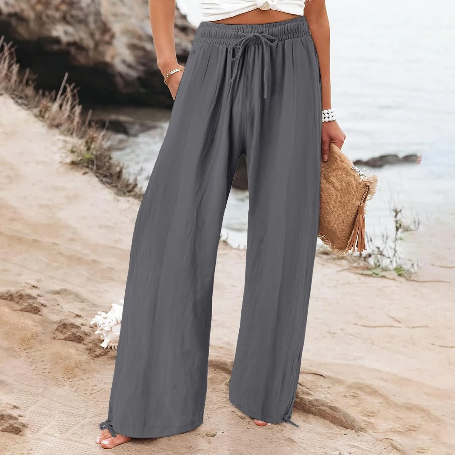 Womens Wide Leg Linen Pants Summer Casual Boho Beach Palazzo Pants Smocked High Waisted Lightweight Flowy Pants
