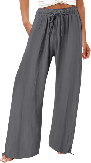 Womens Wide Leg Linen Pants Summer Casual Boho Beach Palazzo Pants Smocked High Waisted Lightweight Flowy Pants