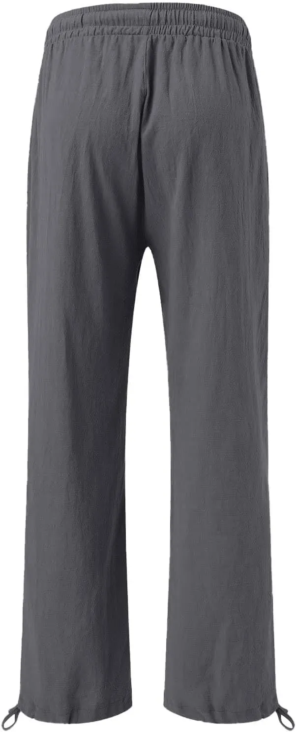 Womens Wide Leg Linen Pants Summer Casual Boho Beach Palazzo Pants Smocked High Waisted Lightweight Flowy Pants