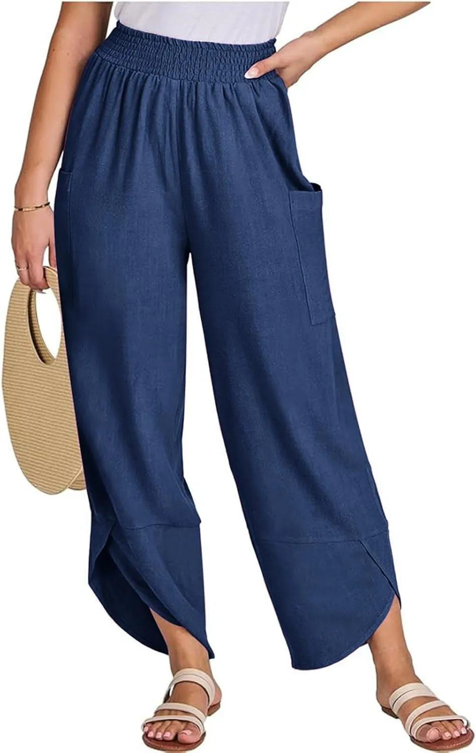 Women's Wide Leg Palazzo Capri Pants Summer Casual Loose High Waisted Lounge Capris Flowy Cropped Beach Work Trousers