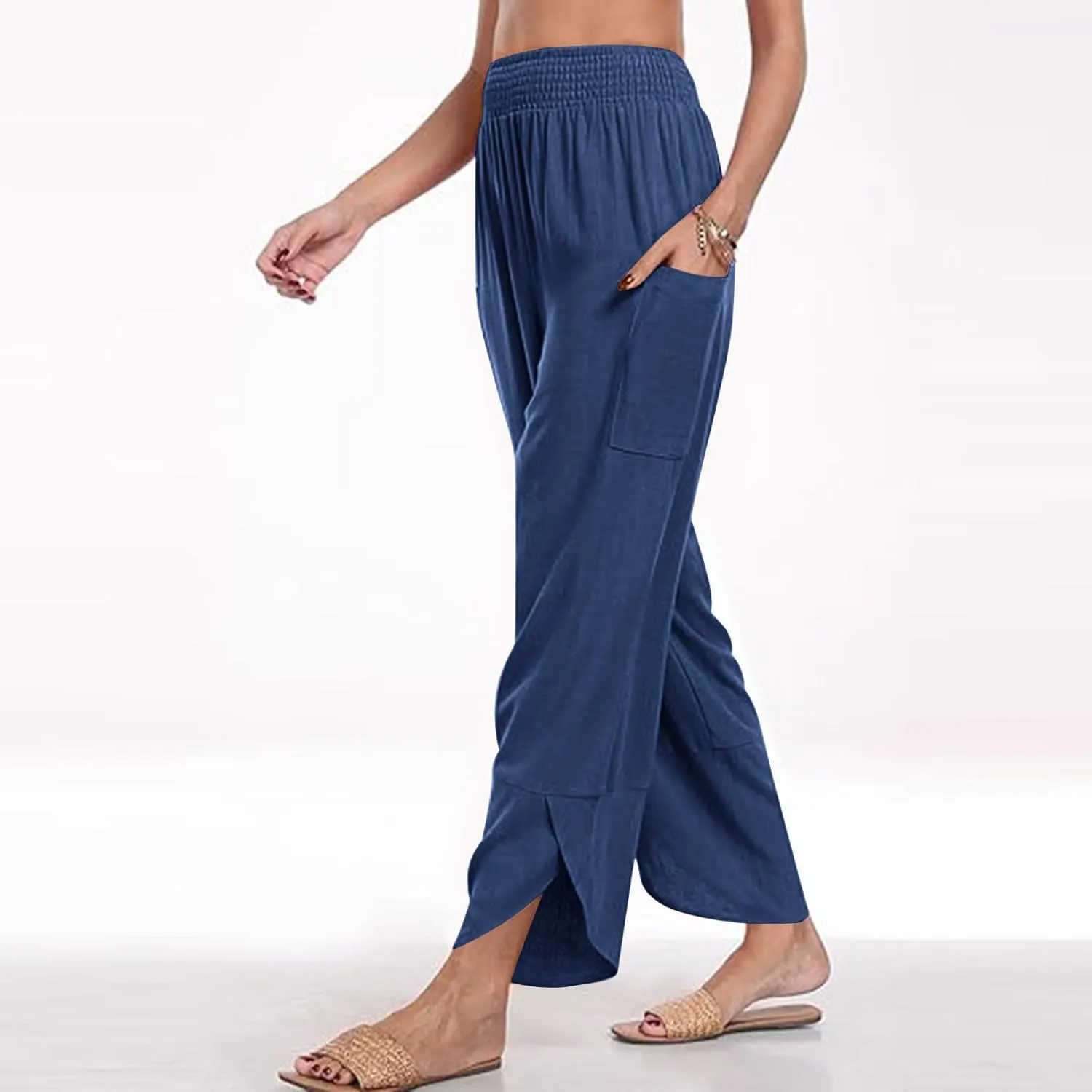 Women's Wide Leg Palazzo Capri Pants Summer Casual Loose High Waisted Lounge Capris Flowy Cropped Beach Work Trousers