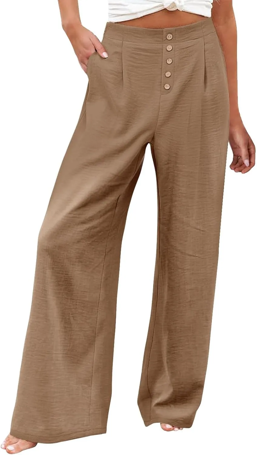 Womens Wide Leg Pants Dressy Casual Elastic High Waisted Palazzo Pants Lightweight Summer Cotton Linen Pants w/Pockets