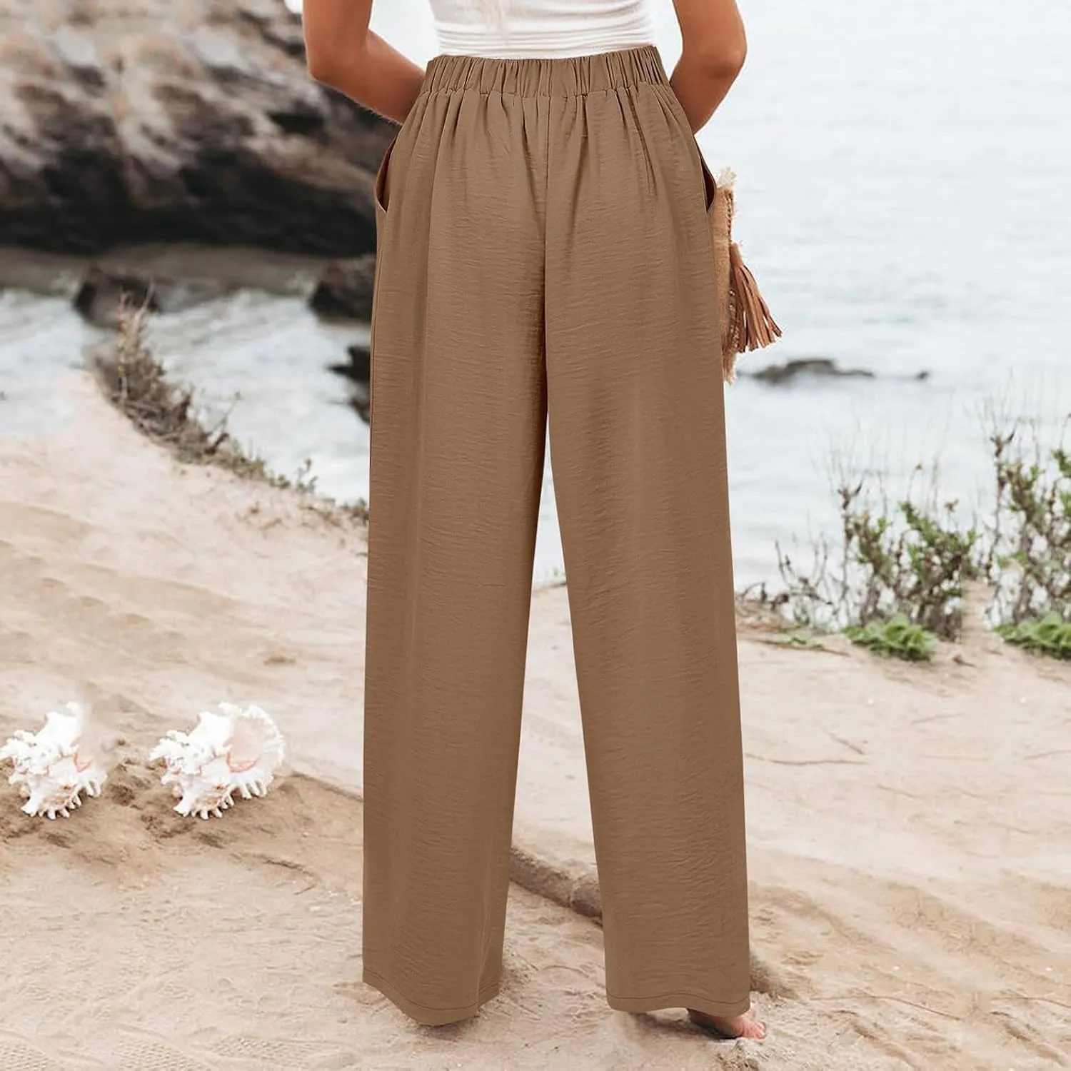 Womens Wide Leg Pants Dressy Casual Elastic High Waisted Palazzo Pants Lightweight Summer Cotton Linen Pants w/Pockets