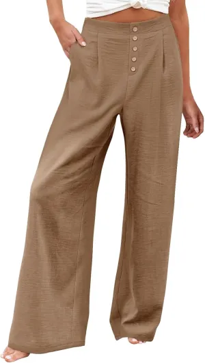 Womens Wide Leg Pants Dressy Casual Elastic High Waisted Palazzo Pants Lightweight Summer Cotton Linen Pants w/Pockets