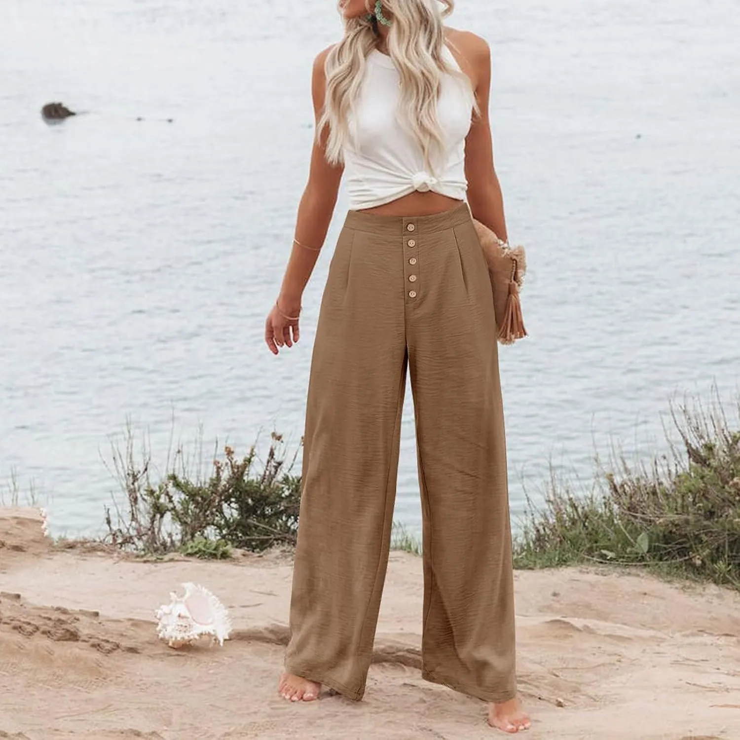 Womens Wide Leg Pants Dressy Casual Elastic High Waisted Palazzo Pants Lightweight Summer Cotton Linen Pants w/Pockets
