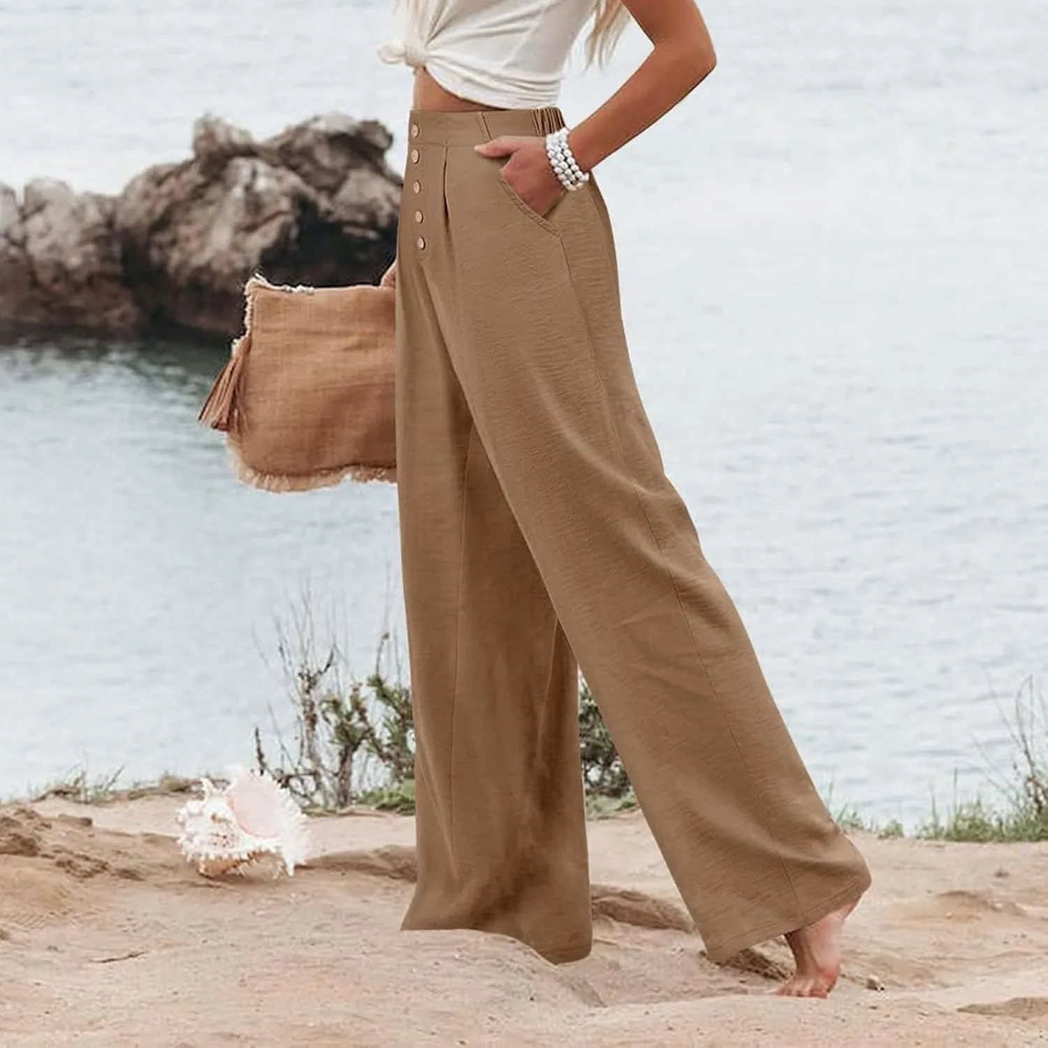 Womens Wide Leg Pants Dressy Casual Elastic High Waisted Palazzo Pants Lightweight Summer Cotton Linen Pants w/Pockets