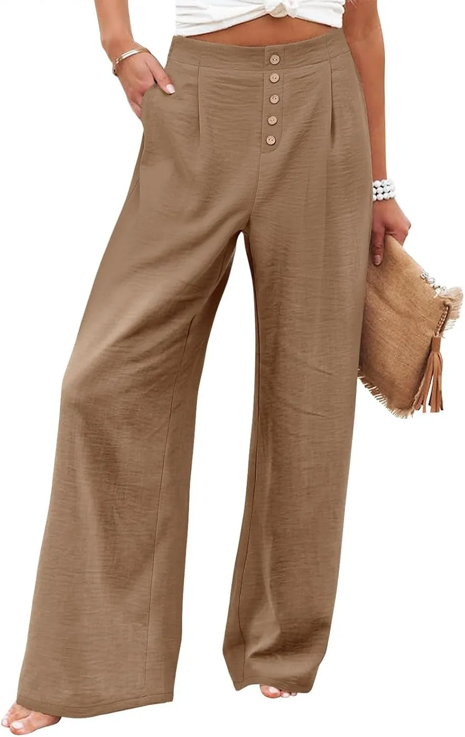 Womens Wide Leg Pants Dressy Casual Elastic High Waisted Palazzo Pants Lightweight Summer Cotton Linen Pants w/Pockets