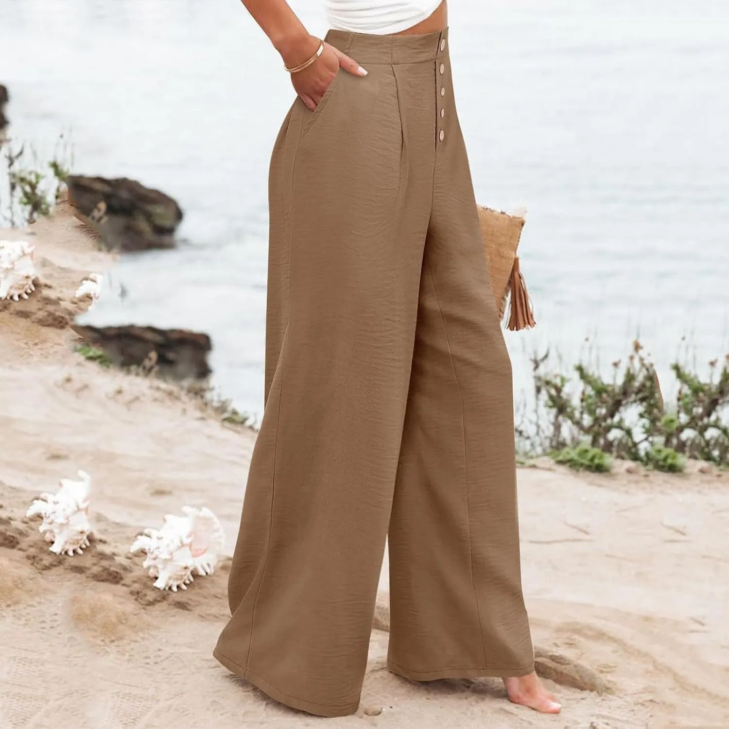 Womens Wide Leg Pants Dressy Casual Elastic High Waisted Palazzo Pants Lightweight Summer Cotton Linen Pants w/Pockets