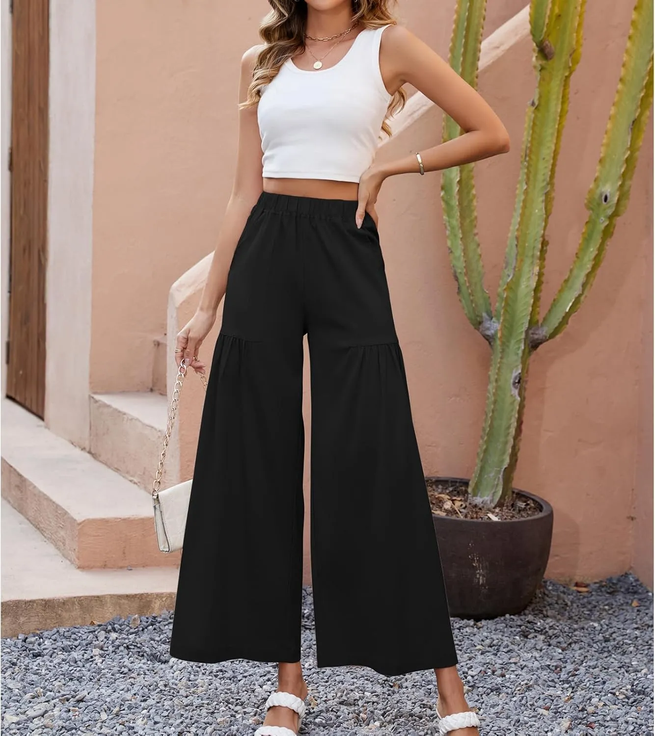 Womens Wide Leg Slacks Pants High Elastic Waist Casual Work Business Lounge with Side Pockets Pleated Trousers
