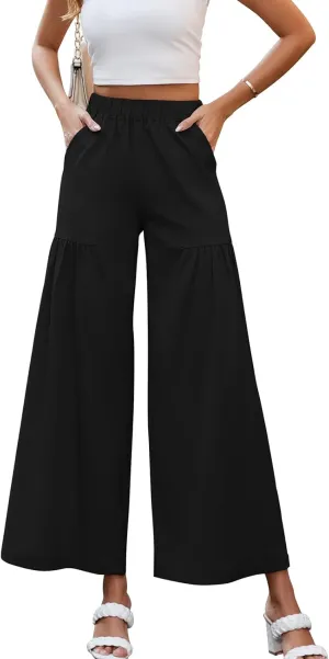 Womens Wide Leg Slacks Pants High Elastic Waist Casual Work Business Lounge with Side Pockets Pleated Trousers