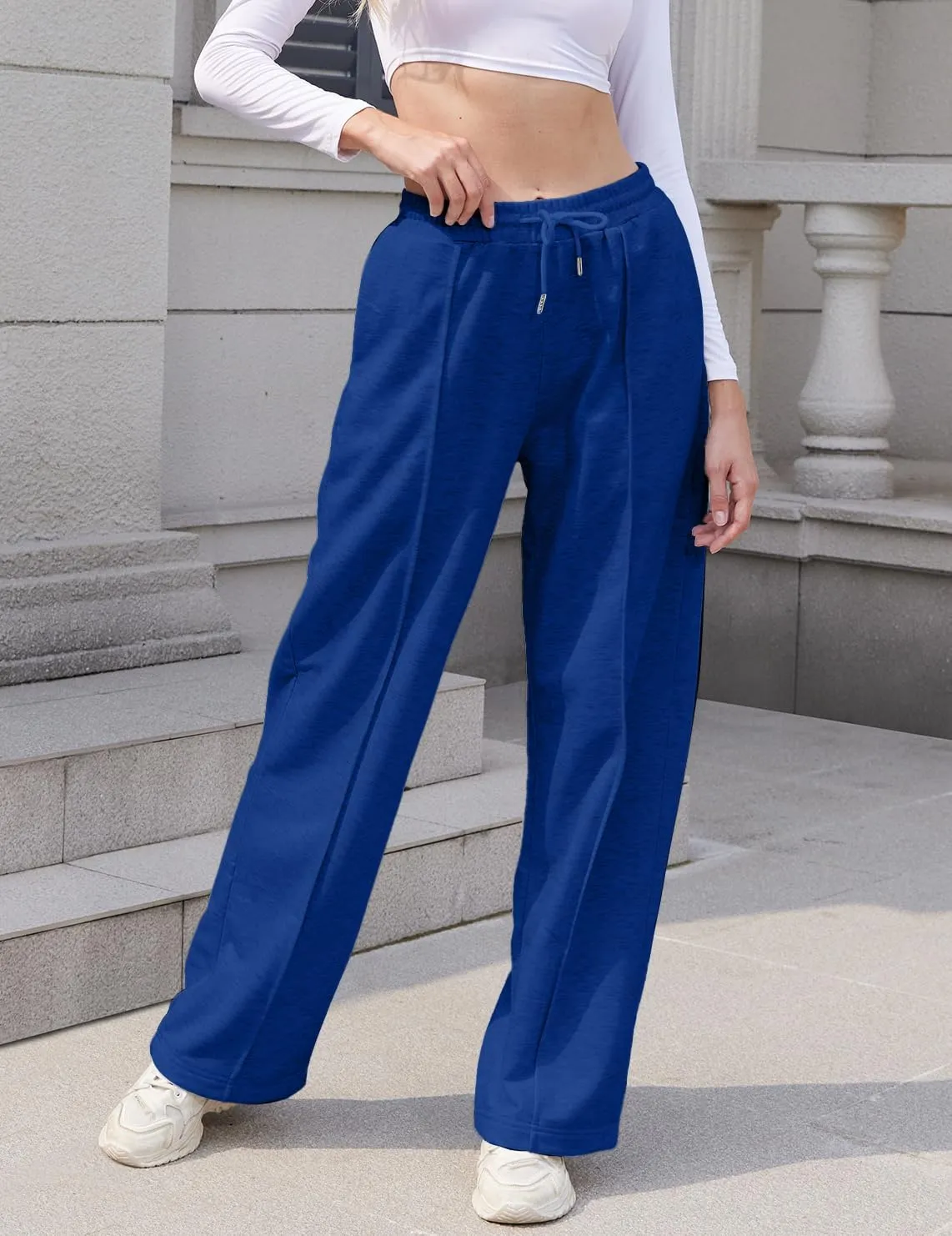 Womens Wide Leg Sweatpants Loose Elastic Drawstring Casual Pants High Waist Lounge Joggers with Pockets