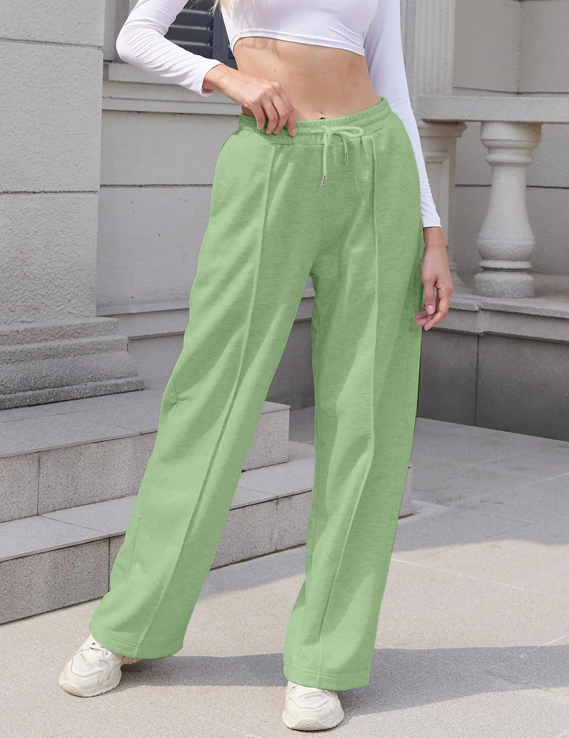 Womens Wide Leg Sweatpants Loose Elastic Drawstring Casual Pants High Waist Lounge Joggers with Pockets