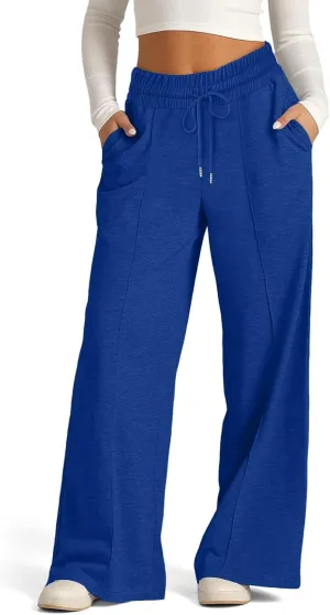 Womens Wide Leg Sweatpants Loose Elastic Drawstring Casual Pants High Waist Lounge Joggers with Pockets