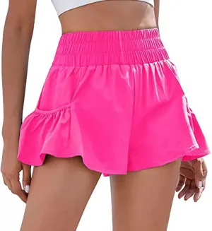 Women's Workout Skirt Ruffle Hem Athletic Running Skorts Elastic High Waisted Wide Leg Lightweight Gym Shorts with Pockets