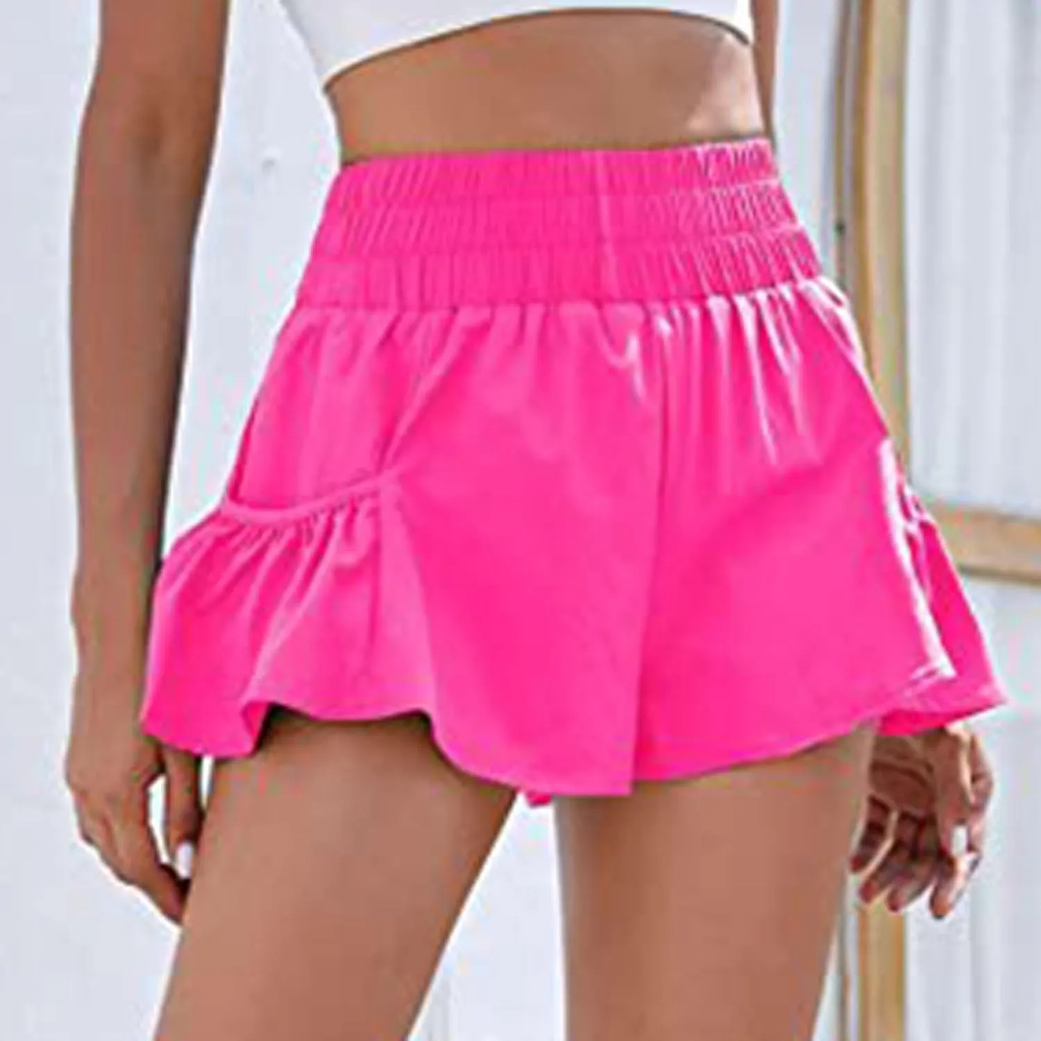Women's Workout Skirt Ruffle Hem Athletic Running Skorts Elastic High Waisted Wide Leg Lightweight Gym Shorts with Pockets
