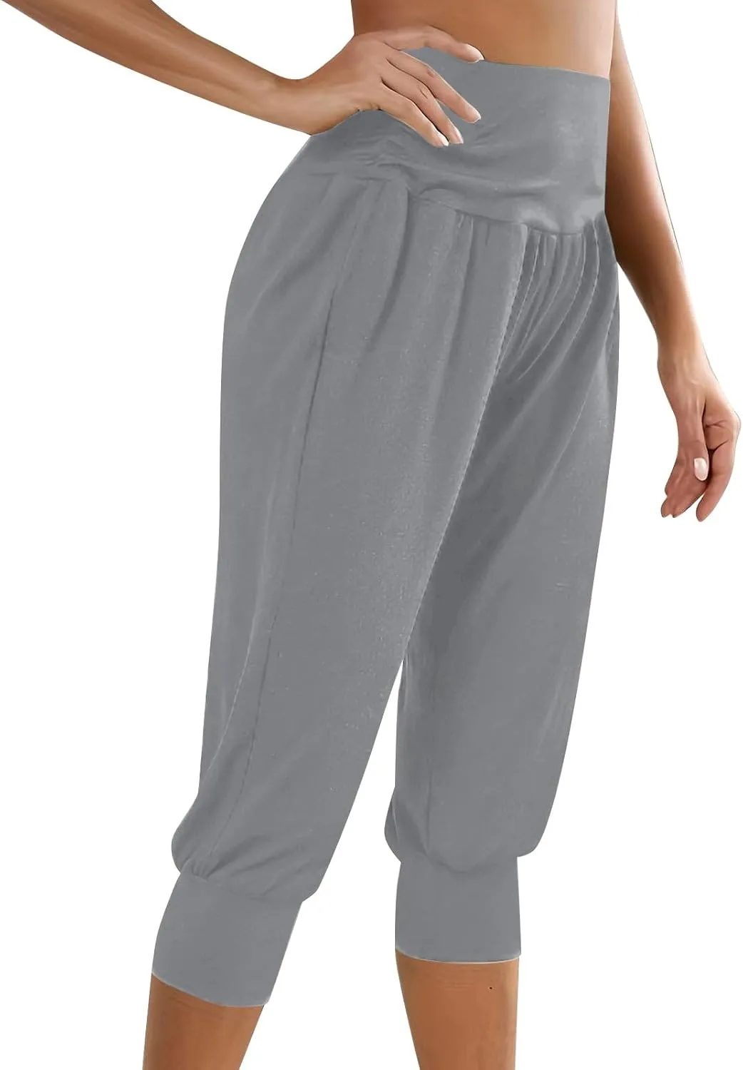 Womens Yoga Capri Pants Solid Color High Waistband Pleated Comfy Fitness Cropped Trousers Summer Outdoor Workout Pants