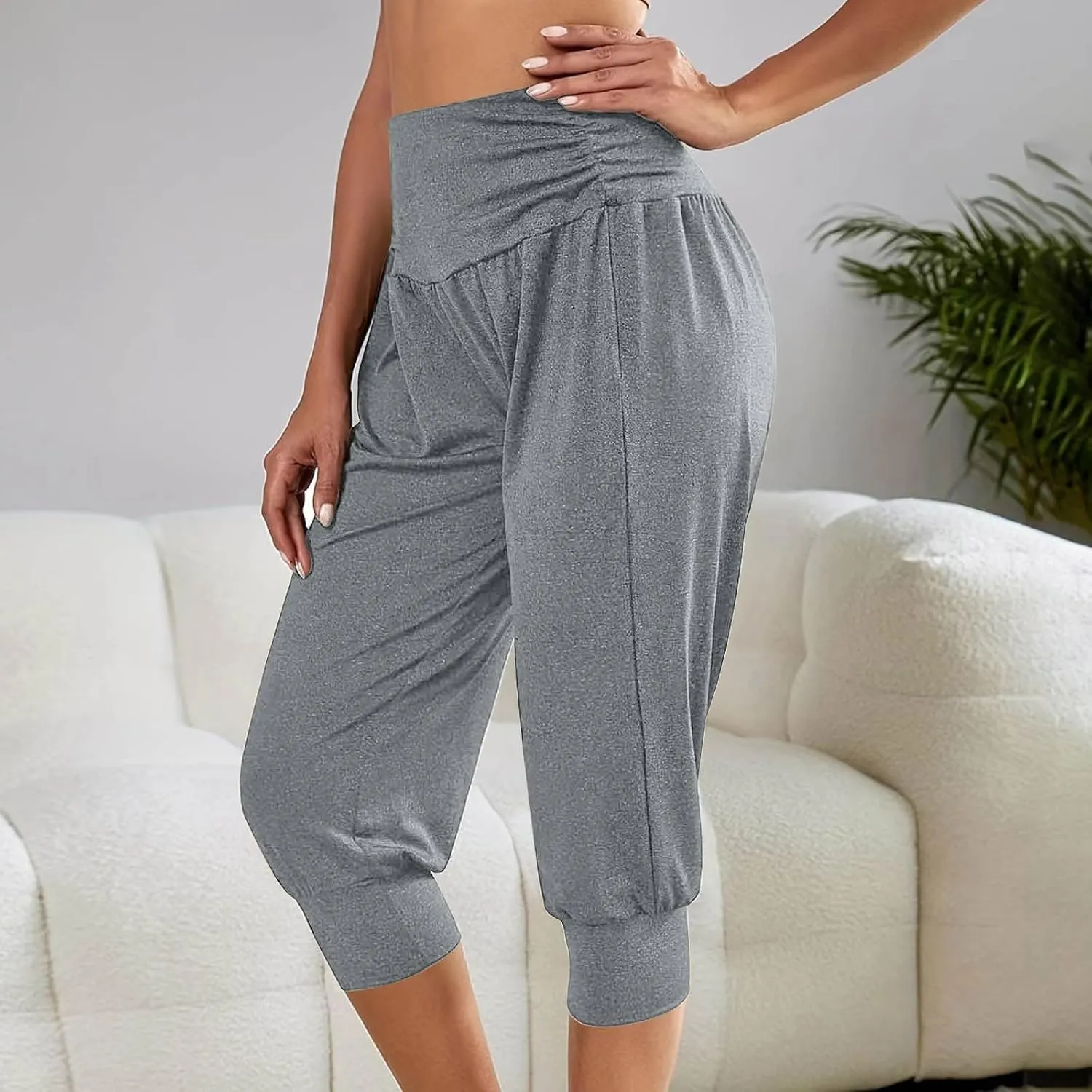 Womens Yoga Capri Pants Solid Color High Waistband Pleated Comfy Fitness Cropped Trousers Summer Outdoor Workout Pants
