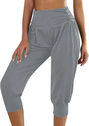 Womens Yoga Capri Pants Solid Color High Waistband Pleated Comfy Fitness Cropped Trousers Summer Outdoor Workout Pants