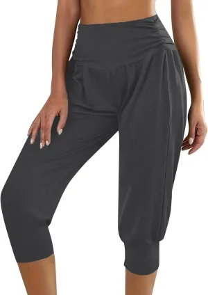 Womens Yoga Capri Pants Solid Color High Waistband Pleated Comfy Fitness Cropped Trousers Summer Outdoor Workout Pants