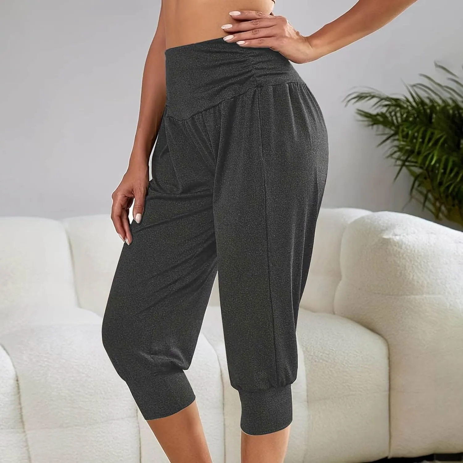 Womens Yoga Capri Pants Solid Color High Waistband Pleated Comfy Fitness Cropped Trousers Summer Outdoor Workout Pants