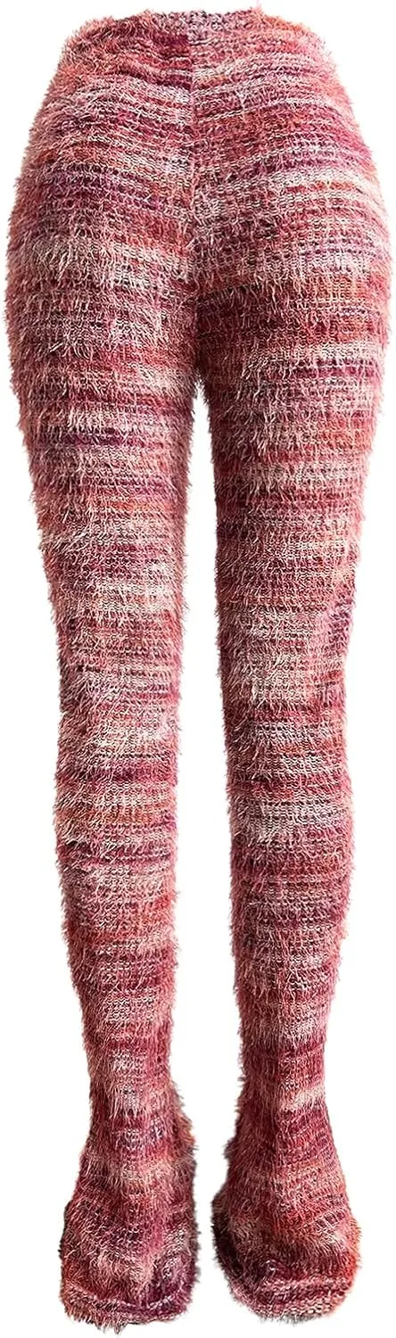 XZLUFNY Women's Stacked Fuzzy Pants High Waisted Striped Knit Sweatpnts Leggings